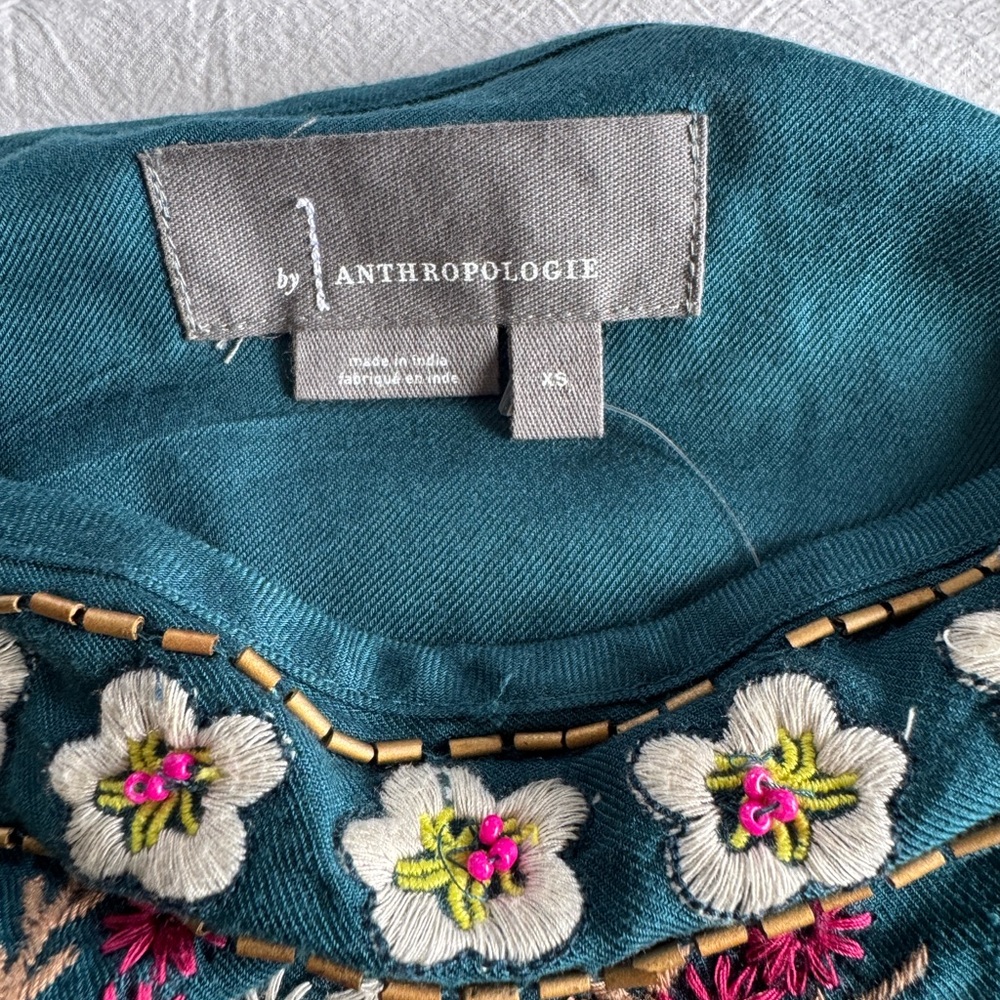 Anthropologie Teal Top with Floral Embroidery